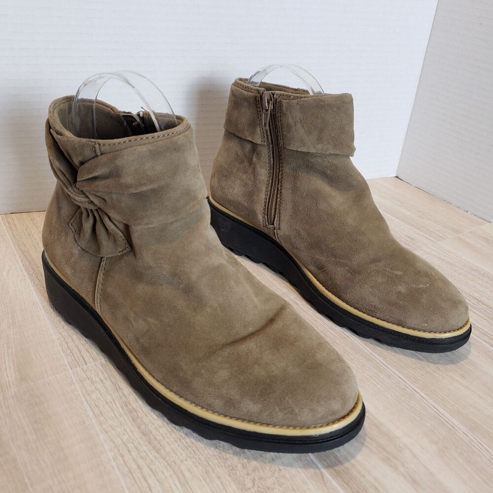 Clarks Sharon Salon Grey Suede Side Knot Ankle Booties Wedge Heel Indie Size 7